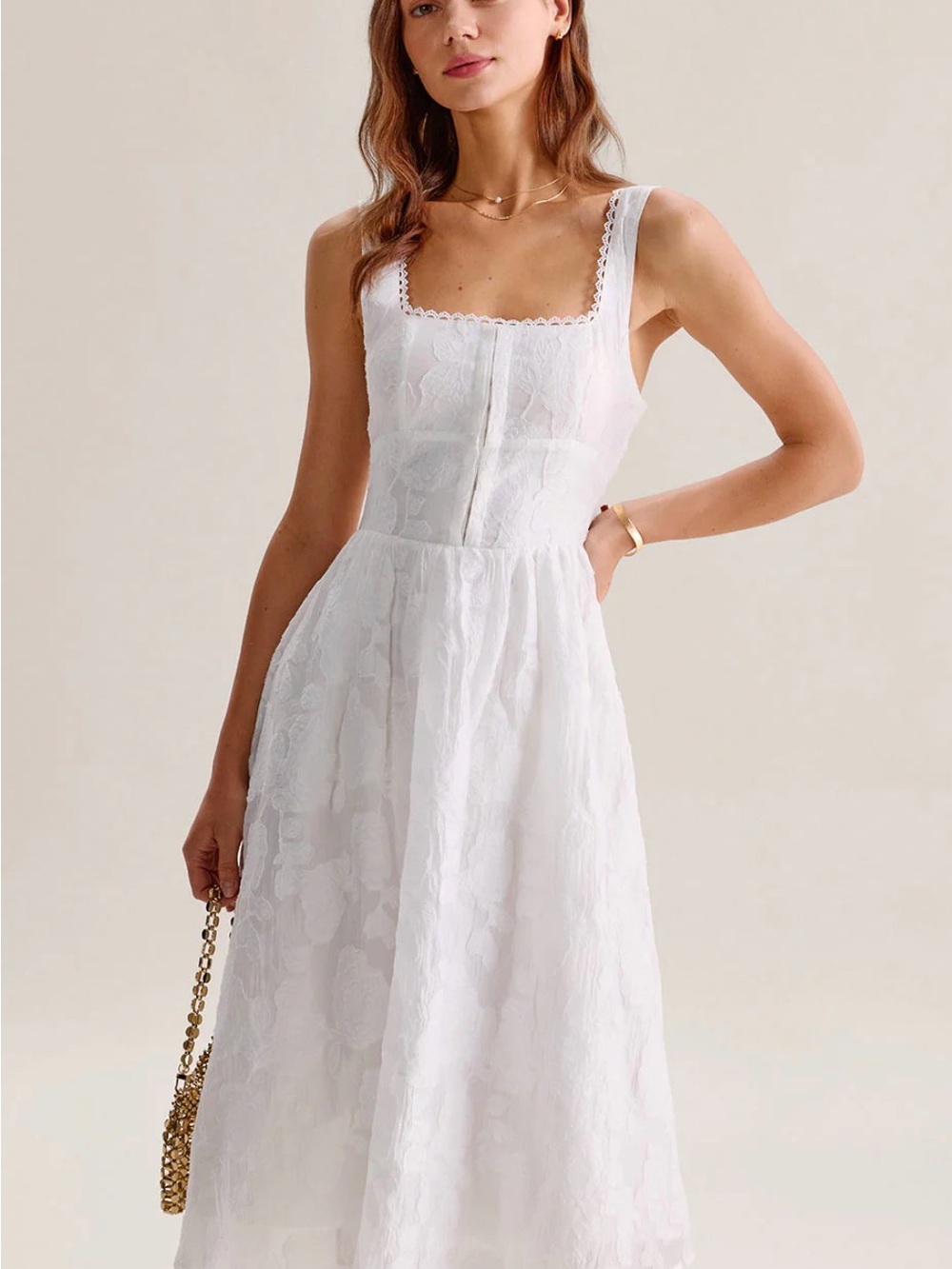 RIHOAS White Jacquard Shirred Slip Midi Dress